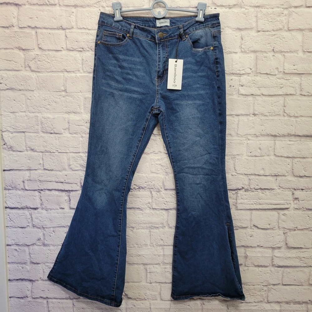 NEW Bamboo Flare Leg Jeans Women 17 Split Leg Y2K Revival Soft Grunge Distressed
